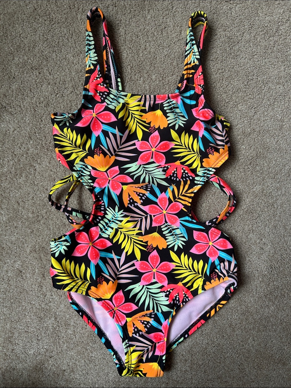 Girls Cat & Jack Black Tropical Floral One-Piece Swimsuit